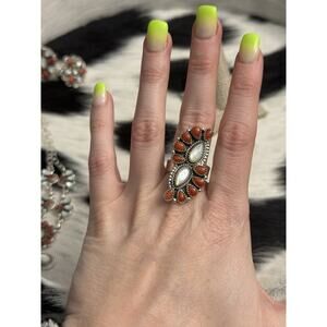 Native American Sterling Silver Red Coral Mother Pearl Double Half Cluster Ring